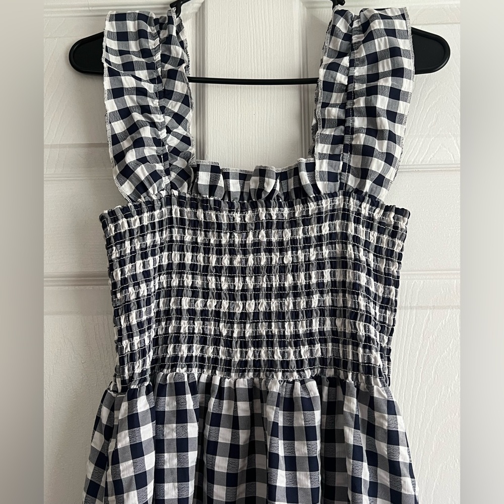Chouyatou Navy & White Gingham Cottagecore Smocked Shirred Maxi Dress Medium - Picture 2 of 10